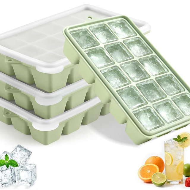 Silicone Ice Cube Trays with Lid, Set of 4, Easy Release Ice Molds, Reusable and Stackable Ice Trays for Freezer for Cocktail, Whiskey, Baby Food, BPA Free (green)