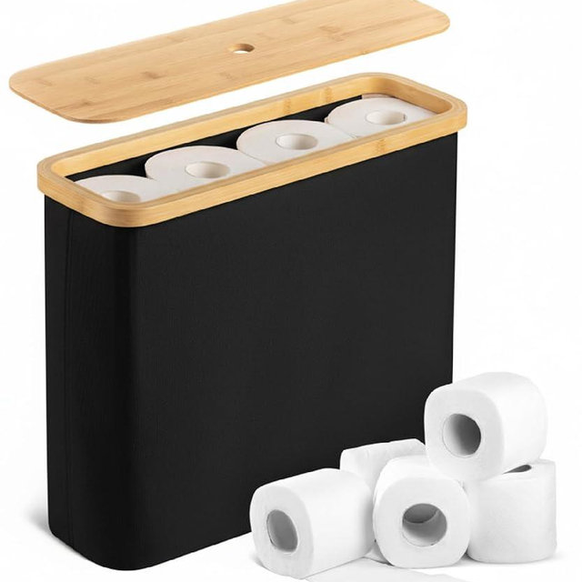 BAMBOO LAND- Toilet Paper Storage with Bamboo Lid for 12 Rolls, Black, Waterproof Bamboo Toilet Paper Holder Basket