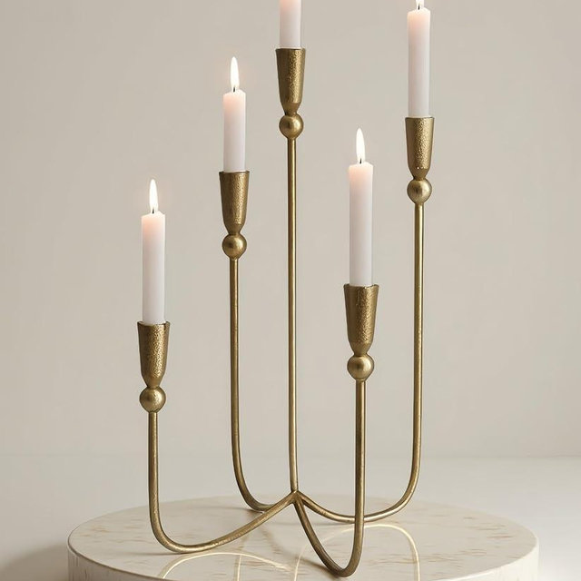 Yielycan Candelabra for 5 Taper Candles – Hand-Forged Candle Holder with Elegant Vintage Finish – Decorative Centerpiece for Dining Room, Living Room or Mantel Decor（Brass Color-Ball）