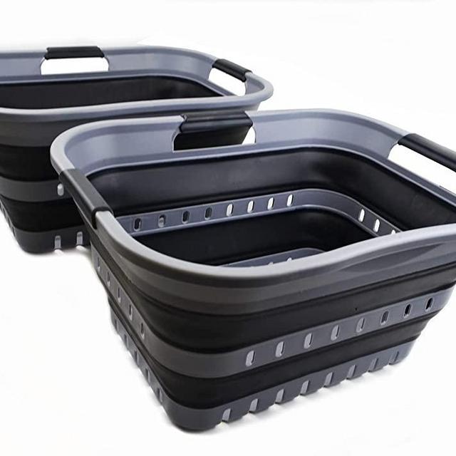 SAMMART Set of 2 - 30L (8 gallon) Collapsible Plastic Laundry Basket - Foldable Pop Up Storage Container / Organizer - Space Saving Hamper / Basket (2, Grey/Black)