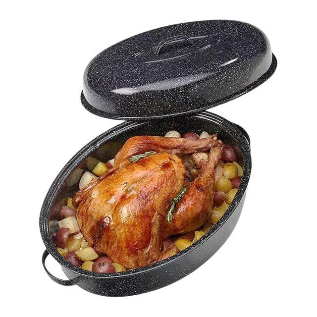 19” Turkey Roasting Pan Enamel Oval Granite Large Turkey Roaster Pan with lid,Extra Large 20 lb Capacity Suitable for Thanksgiving Day, Enamel Cook Ware, Dishwasher Compatibility Granite Oven Roaster