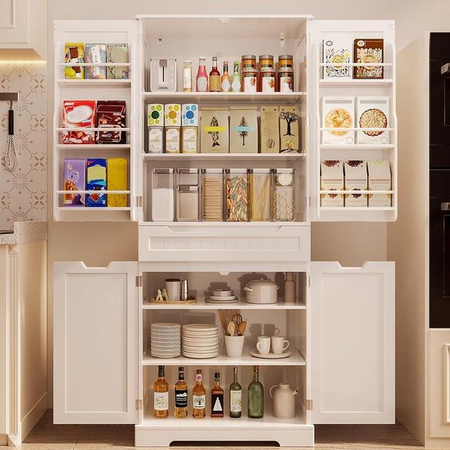 Gizoon 71" Tall Kitchen Pantry Cabinet with Doors and Adjustable Shelves, 5-Tier Multipurpose Pantry Storage Cabinet with Drawer Freestanding Organizer for Small Kitchen Bathroom Laundry Room, White
