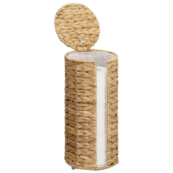 StorageWorks Water Hyacinth Free Standing Toilet Paper Holder Stand for Bathroom, 3 Rolls of Toilet Tissue Storage with a Built-in Cloth Lining, Toilet Roll Holder Stand with Lid