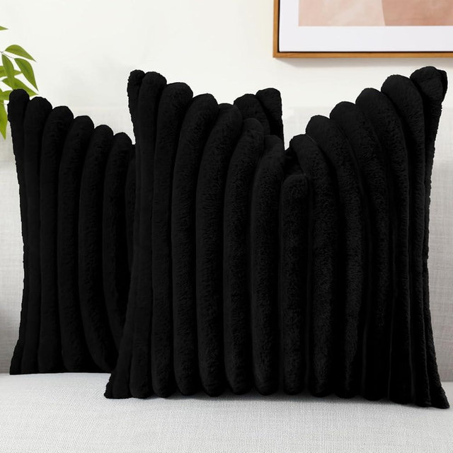decorUhome Faux Fur Throw Pillow Covers 18x18 Set of 2, Decorative Soft Plush Striped Couch Pillow Covers with Velvet Back for Sofa, Bed, Living Room, Black