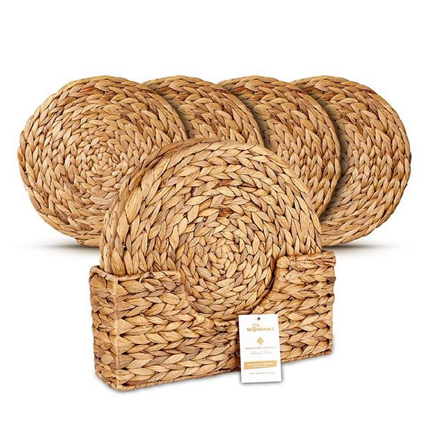 Wovanna Woven Placemats for Dining Table - Set of 4 Adorable Thick Rustic Round Kitchen Placemats with Decorative Tall Holder – All Natural Wicker Tablemats Hand-Braided from Water Hyacinth, 11.8"