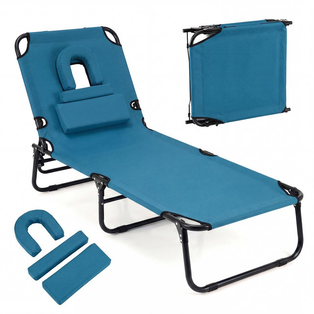 Costway Beach Chaise Lounge Chair with Face Hole Pillows & 4-Position Adjustable Backrest Blue