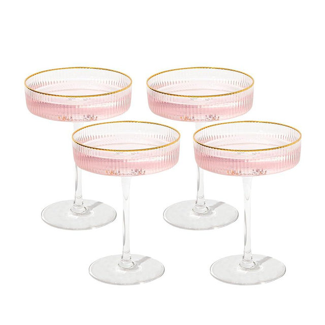 Crutello Champagne Coupe Glasses Set of 4, Gold Rim, 7oz Vintage Cocktail Glass, Ribbed Fluted Glassware for Champagne, Martini, Manhattan, Cosmopolitan, Spritz & Frozen Drinks