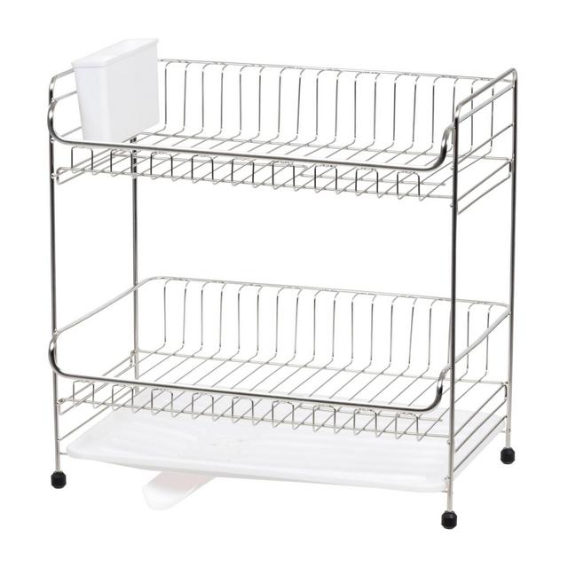 IRIS 2 Tier Stainless Steel Dish Rack with Plastic Drain White