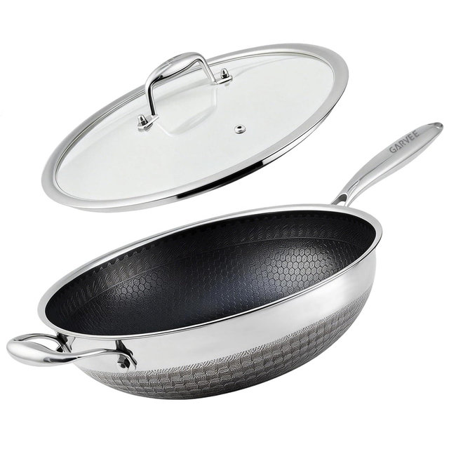 Stainless Steel Wok Pan,13 Inch Hybrid Woks & Stir-Fry Pans Nonstick,Induction Cooking Pan with Lid,PFOA Free Cookware,Dishwasher