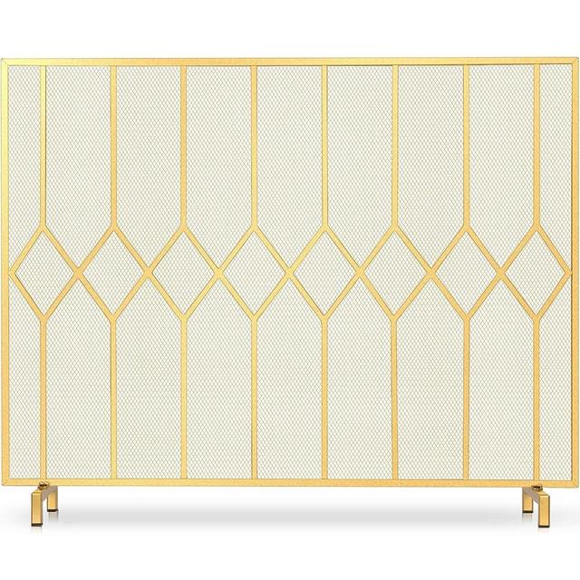 Amagabeli Decorative Gold Fireplace Screens 38x31in Wood Burning Fireplace Single Panel Wrought Iron Mesh Fireplace Cover Fire Spark Guard for Living Room Indoor Outdoor Fire Screens for Fireplaces