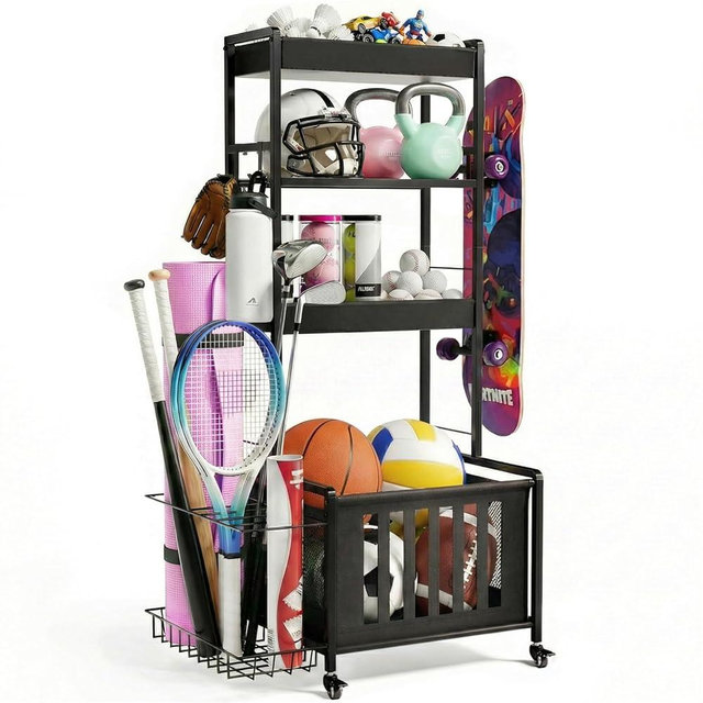 Faesun Small Sports Equipment Organizer, Ball Storage Rack for Garage, 4-Tier Indoor Rolling Ball Carts with Wheels for Toy Sports Gear Storage, Black