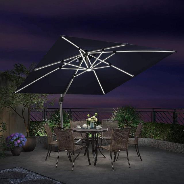 PURPLE LEAF 10 Feet Double Top Deluxe Solar Powered LED Square Patio Umbrella Offset Hanging Umbrella Outdoor Market Umbrella Garden Umbrella, Black