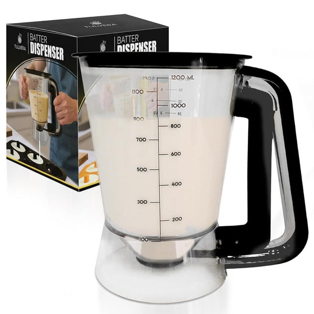 Pancake Batter Dispenser | 5-Cup Mix Pourer for Pancakes, Waffles, Crepes, Muffins, Cupcakes | Squeeze Handle, Portion Control Pitcher, Durable Drip-Free Design | Baking Accessories (Black)