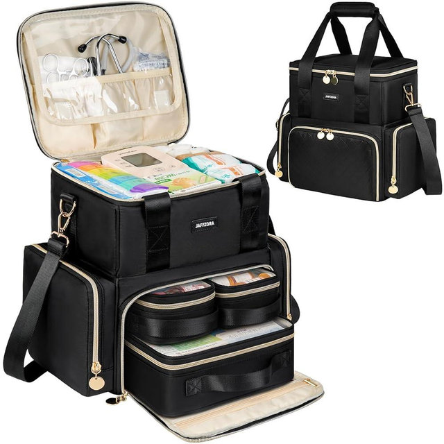 Jaffzora Large Medicine Bag with 3 Removable Cases, Medication Travel Bag with Multiple Storage Sections for Prescription Bottles, Vitamins & Medical Supplies, Black