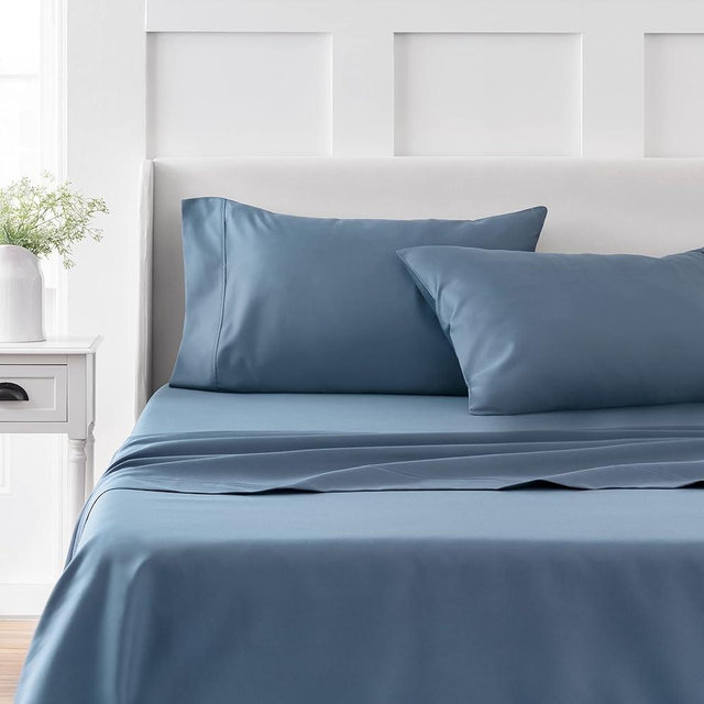 MARTHA STEWART Sheets 100% Cotton Full Size Set - 4 Piece, Soft, Smooth, Durable, Easy Care, 16" Deep Pocket Sheets, Bedding Sheet, Sateen Sheet, 1 Flat, 1 Fitted, 2 Pillowcases, Blue
