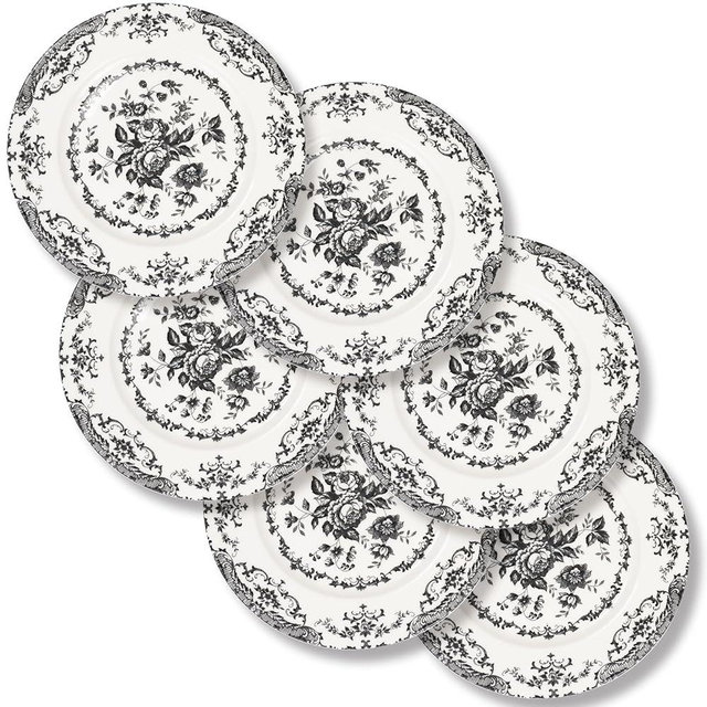 HomeElves Dinner Plates Set of 6, Ceramic Kitchen Plates Microwave Safe Plates, 10.5 Inch Porcelain Dinner Plates Floral Plates, Black