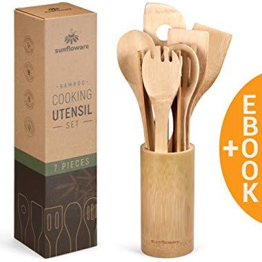 Wooden Spoons for Cooking Utensils Set - 8 Piece Bamboo Cooking Utensils Kitchen Set - The Perfect Gift Set of Wooden Kitchen Spoons by sunfloware