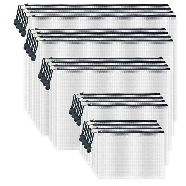 AUSTARK 20 Pcs Zipper File Bags, Plastic Mesh Pouch, Board Game Storage Bag, Waterproof Bags for Office School (Multi-Size, White and Black)