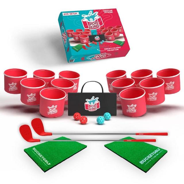 PopPong Yard Golf Chipping Game - Outdoor Tailgate, Beach & Backyard Game for All Skill Levels. 12 Buckets, 2 Turf Mats, 2 Collapsible Clubs, 4 Balls, Carry Bag Included
