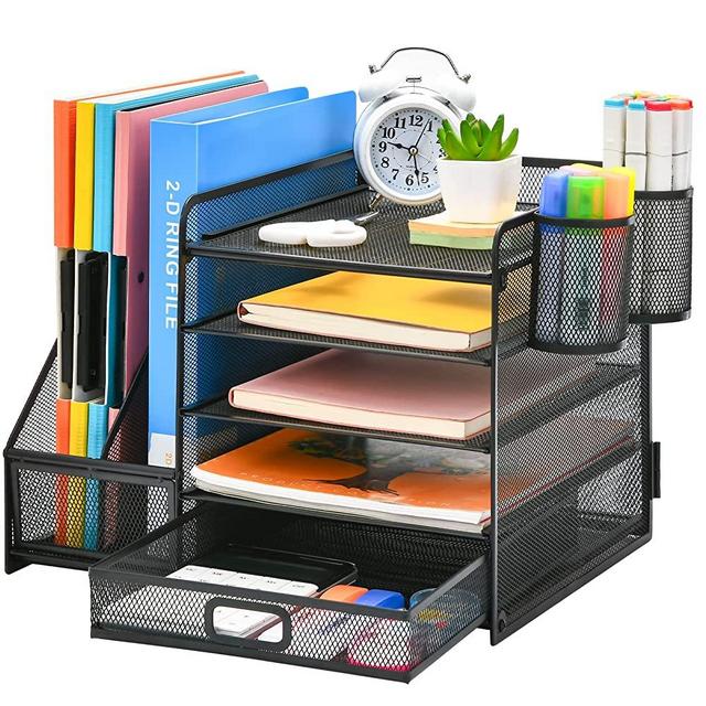 Marbrasse Desk Organizer with File Holder, 5-Tier Paper Letter Tray Organizer with Drawer and 2 Pen Holder, Mesh Desktop Organizer and Storage with Magazine Holder for Office Supplies