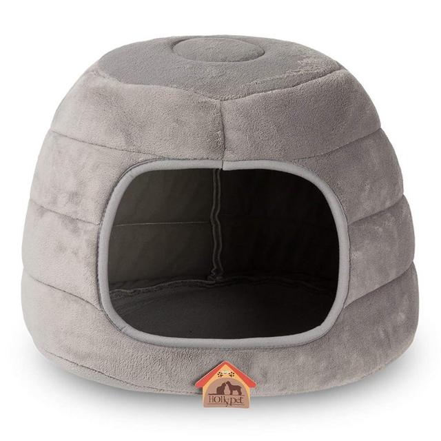 Hollypet Coral Velvet Cat Bed, 16×16×12.5 inches 2 in 1 Foldable Cave, Self-Warming High Elastic Foam Pet Bed for Cats, Light Gray