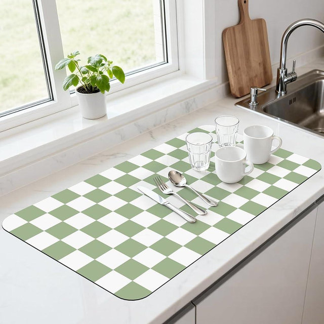 Yinoos 17" x 32" Checkered Dish Drying Mat for Kitchen Counter, Absorbent Coffee Bar Mat for Espresso Machine Coffee Countertops Accessories, Sage