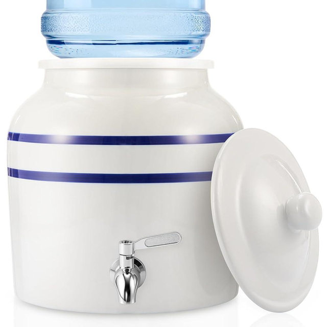 FillTouch 1 Set Ceramic Water Dispenser Crock Water Dispenser with 304 Stainless Steel Faucet, Valve and Lid for 3 to 5 Gallon Jugs Porcelain Cooler for Home Office Indoor (Striped Style,Blue)