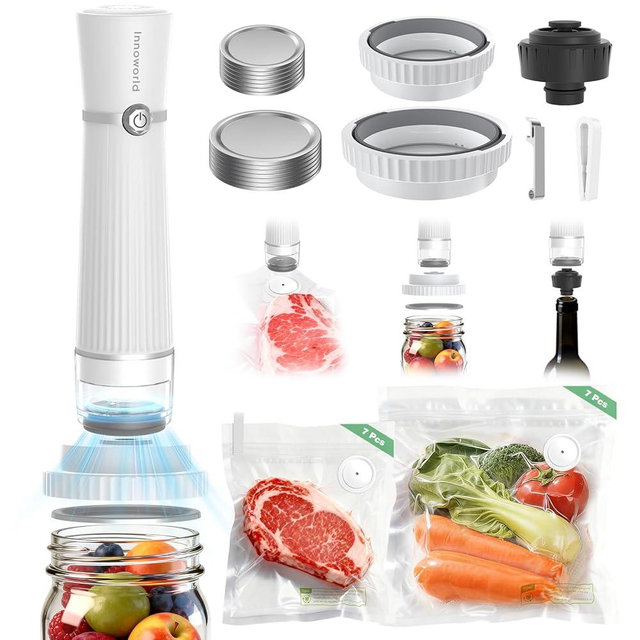Innoworld 3-in-1 Vacuum Sealer for Food Compatible with Vacuum Bag, Mason Jar, Wine Bottle, Handheld Saver Compact Vacuum Sealer Machine with 14 Reusable Bags, 14 Mason Jar Lids, Wine Stopper