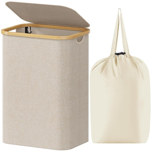 Lifewit 80L Laundry Basket with Lid, Clothes Hampers for Laundry with Bamboo Handles and A Removable Laundry Bag, Large Foldable Laundry Hamper for Bedroom, Bathroom, Dorm, Laundry Room, Beige