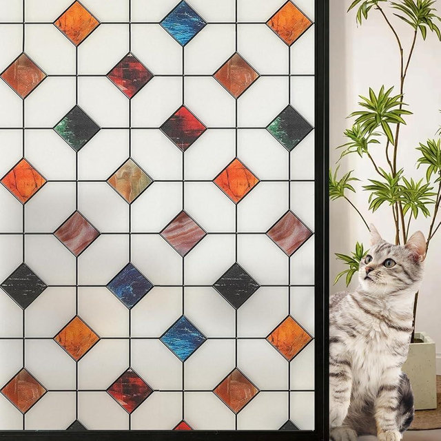DKTIE Stained Glass Window Film Geometric Patterns, Fine Frosted Window Clings for Glass Windows, Waterproof for Bathroom Window Privacy Film Day and Night (S533, 17.7in X 78.7in)