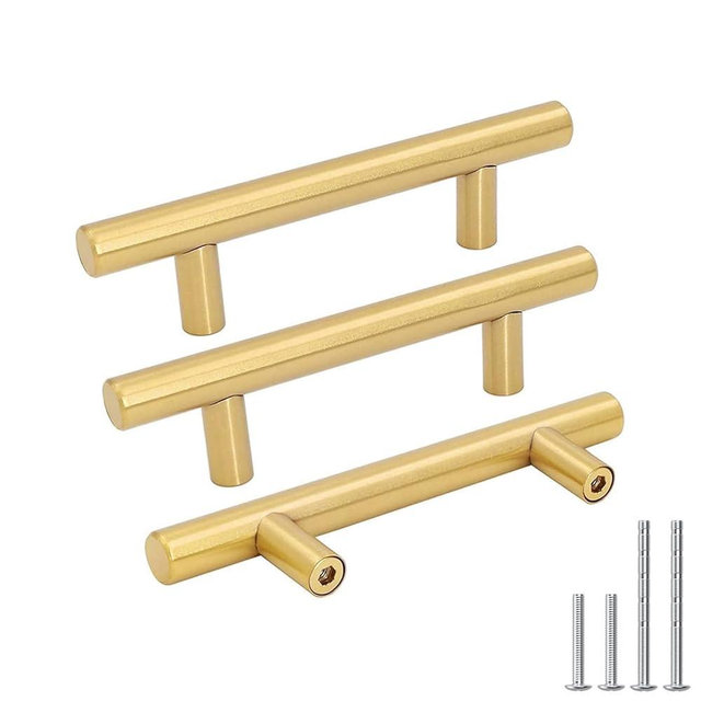 goldenwarm 5Pcs Brushed Brass Cabinet Cupboard Drawer Door Handle Pull Knob for Furniture Kitchen Hardware 3in Hole Center 5in Overall Length