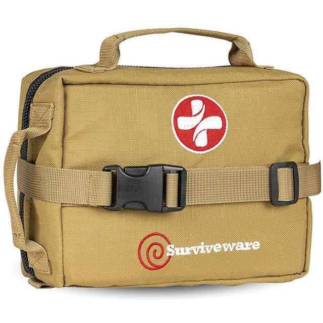 Surviveware Survival First Aid Kit for Outdoor Preparedness - Comes with Removable MOLLE Compatible System and Labeled Compartments - Backpacking, Hiking & Outdoors Preparedness