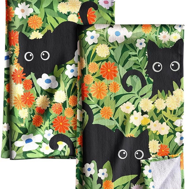 Miss Adola Cotton Kitchen Towels Set of 2 - Cute Design 16×26 Inch Dish Towels for Kitchen with Hanging Loop Black Cats Quick Dry Hand Towels Soft & Absorbent, Home Decorative, Terry Cloth Tea Towels