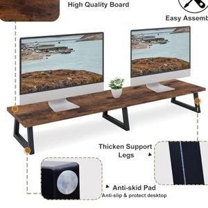 TEAMIX 42 inch Large [Dual] [Monitor] [Riser],Rustic Brown Extra Long TV [Stand Wood & Steel Desktop [Riser] with Storage for [Dual] Screen Office Desk Organization