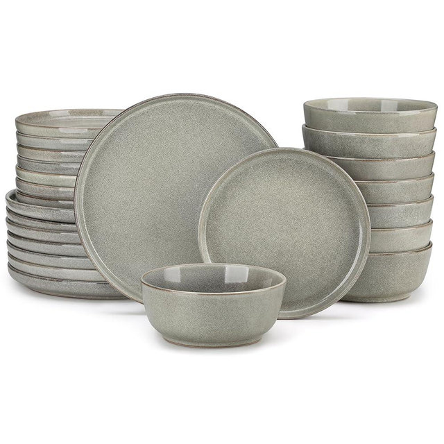 vancasso ANYA 24 Pieces Plates and Bowls Set, Stone Grey Dinnerware Sets, Reactive Glaze Dishes Set for 8, Ceramic Dishware Sets Kitchen Dinner Set, Microwave & Dishwasher Safe