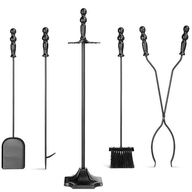 Best Choice Products 5-Piece Rustic Indoor Outdoor Fireplace Hearth Wrought Iron Fire Wood Tool Set w/Tongs, Poker, Broom, Shovel, Stand - Black