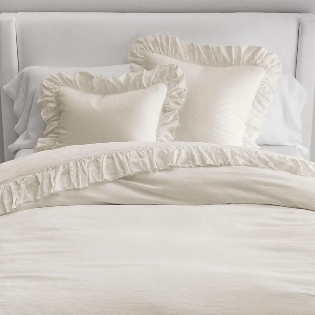 Classic Ivory Belgian Flax Linen Fringe Ruffle Duvet Cover, King/Cal. King