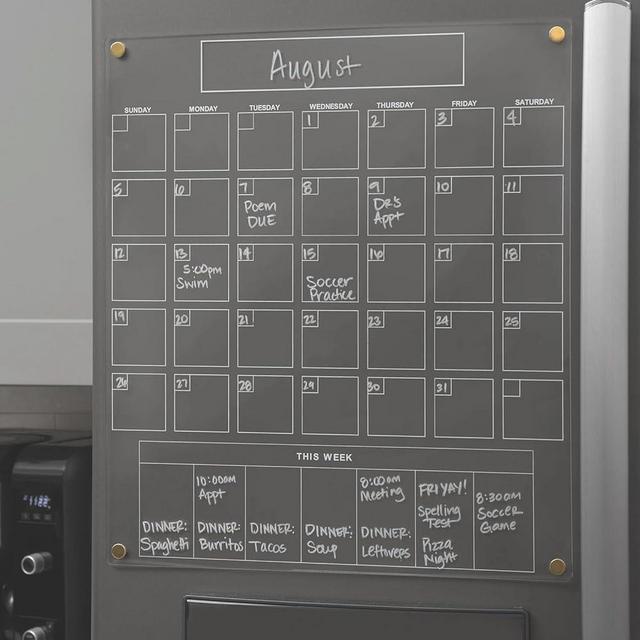 Acrylic Calendar for Fridge | Vertical Magnetic Calendar for Fridge & Planner | Acrylic Calendar for refrigerator w/Monthly Grid & Weekly Section | 15 in x 17 in Clear Fridge Calendar | Gold Magnets