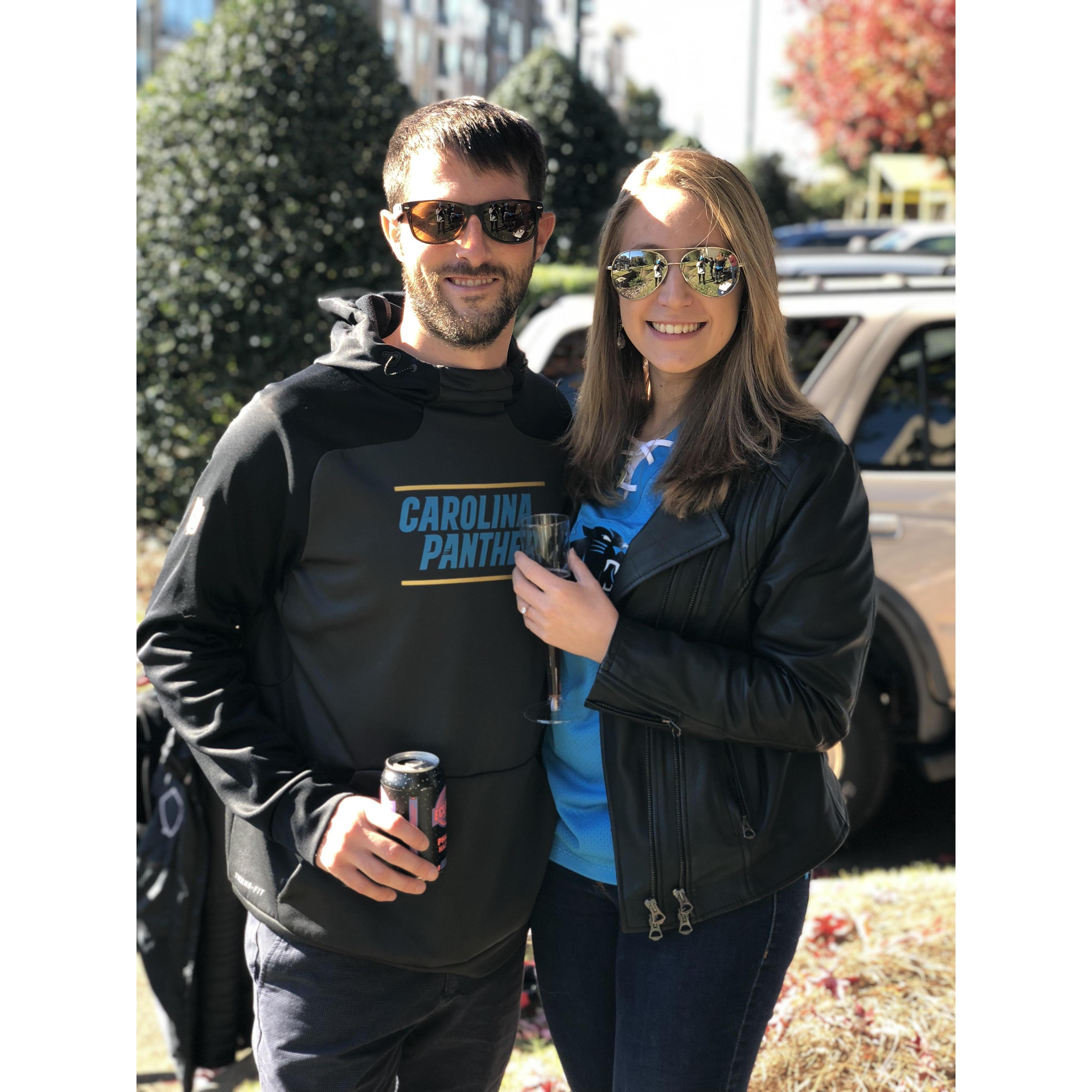 Our amazing friends threw us an awesome surprise engagement party at the Panther game tailgate!