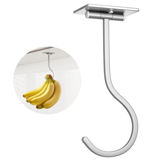 Adhesive Banana Hanger Under Cabinet: Sticky Banana Hooks Under Counter, Banana Holder for Hanging Kitchen Utensil, Foldable with Magnets When Not in Use, Keep Bananas Fresh, Hold 13 LB, Silver
