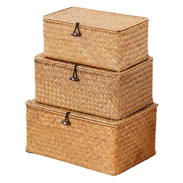 Nonam Large Storage Basket with Lid, Natural Seagrass Bin with Lid Set of 3, Shelf Baskets Multipurpose Container for Boho Decoration, Rectangular Household Storage Boxes for Home Organization-Natural