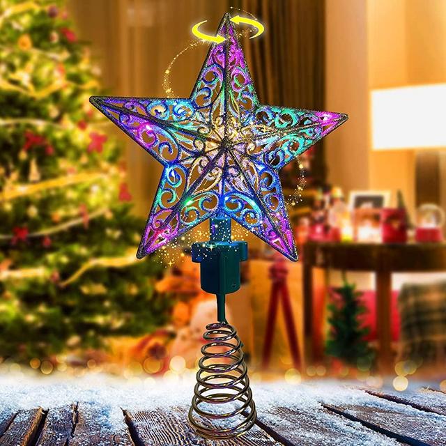 Rotating Christmas Tree Topper Star with 20 LED Multicolor Lights Star Topper for Christmas Tree Decorations (Silver)