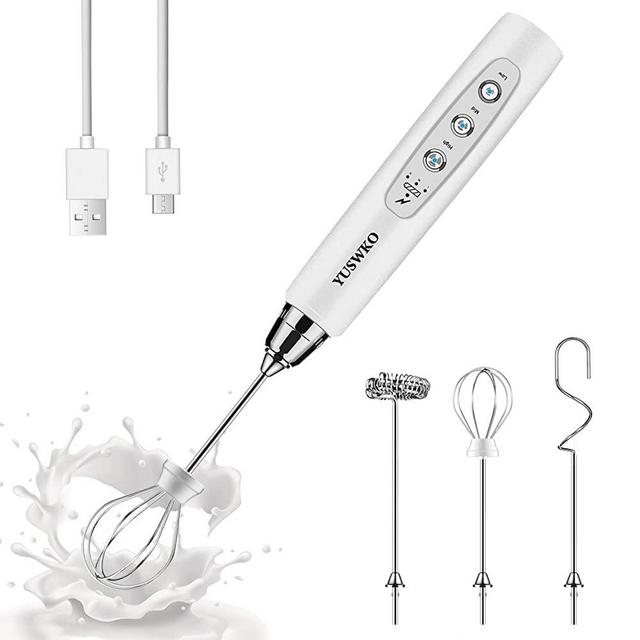 Rechargeable Milk Frother Handheld with 3 Heads, Cream Coffee Electric Stirrer Whisk Foam Mixer, Mini Hand Blender with 3 Speeds Adjustable for Latte, Cappuccino, Hot Chocolate, Egg