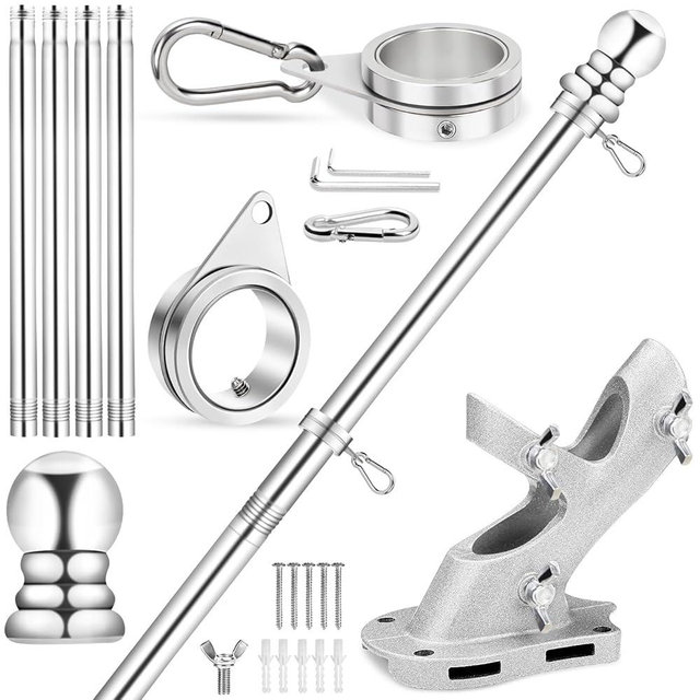 REERON House Flag Pole, 5 FT Metal Spinning Flag Poles Kit, 1" Tangle Free Stainless Steel Flagpole with 360° Flagpole Rings & 2-Position Bracket for Outside House Porch Wall Mount for 3x5 Flag