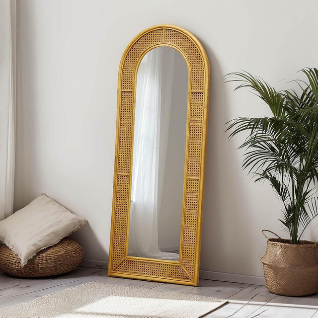 QUOAOT Rattan Full Length Mirror, 60''x24'' Arched Floor Mirror, Rattan Frame Full Body Mirror for Home Bedroom Checkroom Livingroom Boho Decor (Natural Rattan)