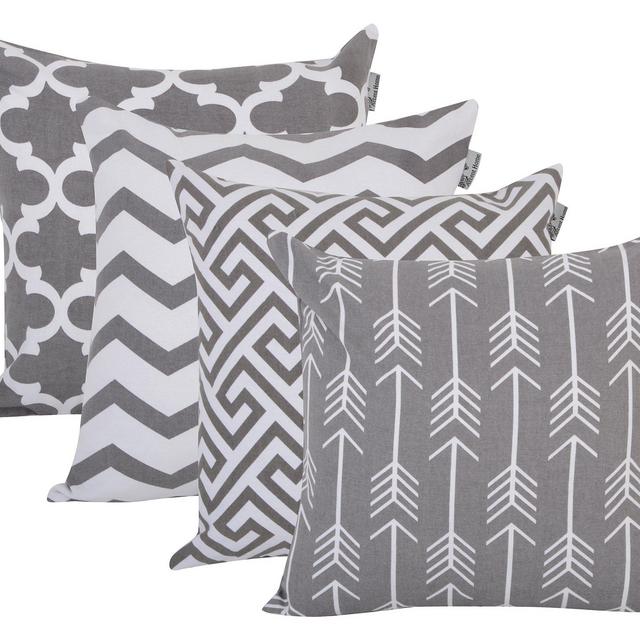 ACCENTHOME Accent Home Square Printed Cotton Cushion Cover,Throw Pillow Case, Slipover Pillowslip for Home Sofa Couch Chair Back Seat,4pc Pack 18x18 in Grey Color