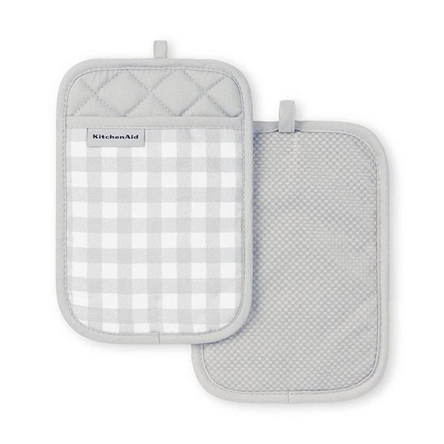 KitchenAid Gingham Pot Holder 2-Pack Set, Matte Grey, 7"x10"