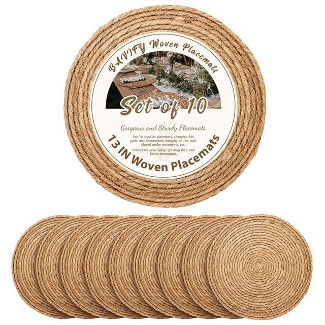 13 in Round Woven Placemats Plate Chargers Set of 10, Boho Farmhouse Rustic Woven Place Mats for Dining Table Decor, Rattan Wicker Table Mats Jute Braided Chargers for Dinner Plates