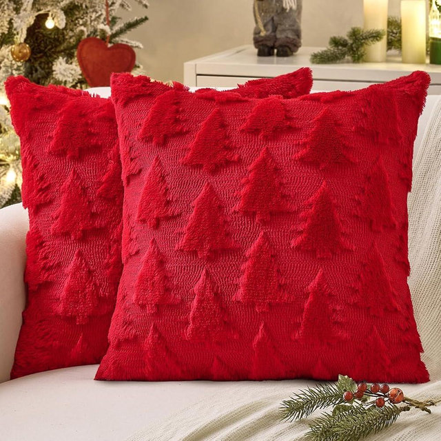 MIULEE Christmas Throw Pillow Covers Red Christmas Decorations Set of 2 Xmas Tree 18x18 Pillow Covers Soft Plush Faux Wool Pillowcases Holiday Festivals Winter Home Decor Sofa Couch Bed Porch