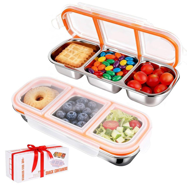 2 Pack 304 Stainless Steel Snack Containers - 3 Independent Sealed Compartments, Non-Toxic Leakproof Bento Box with Secure Lids. Snackle Box for Kids & Adults, Body Management & On-the-Go Snacking!